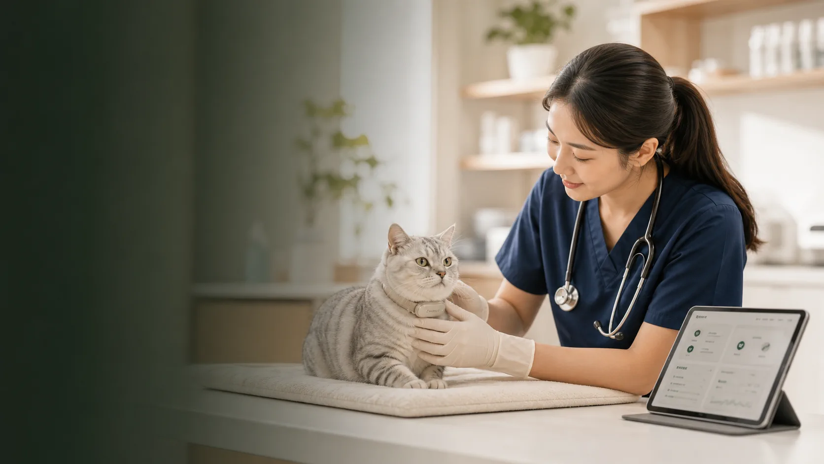 宠物医生检查猫咪场景中的专业协同卡片
