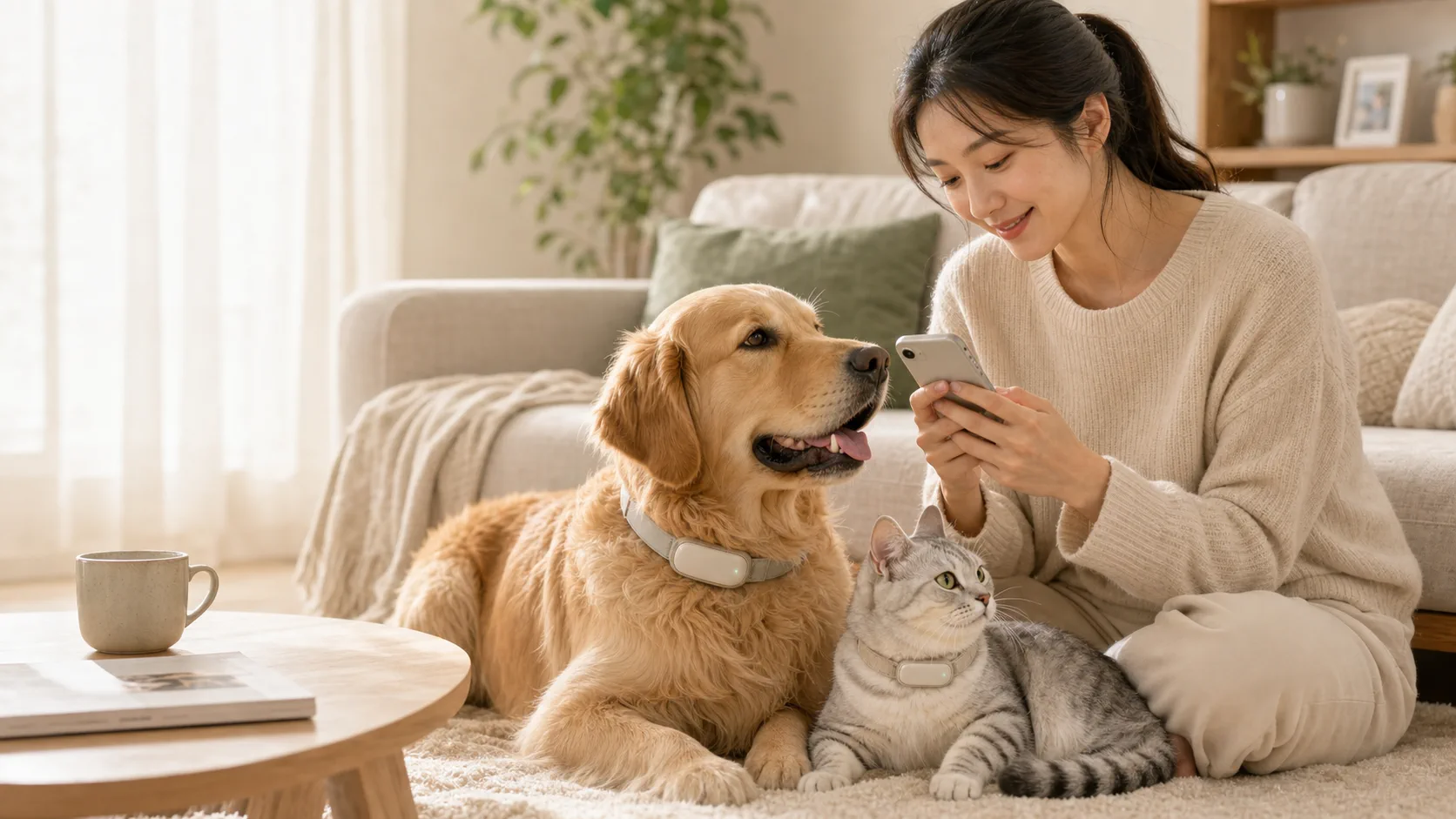 宠物主人与犬猫在家庭环境中温暖互动